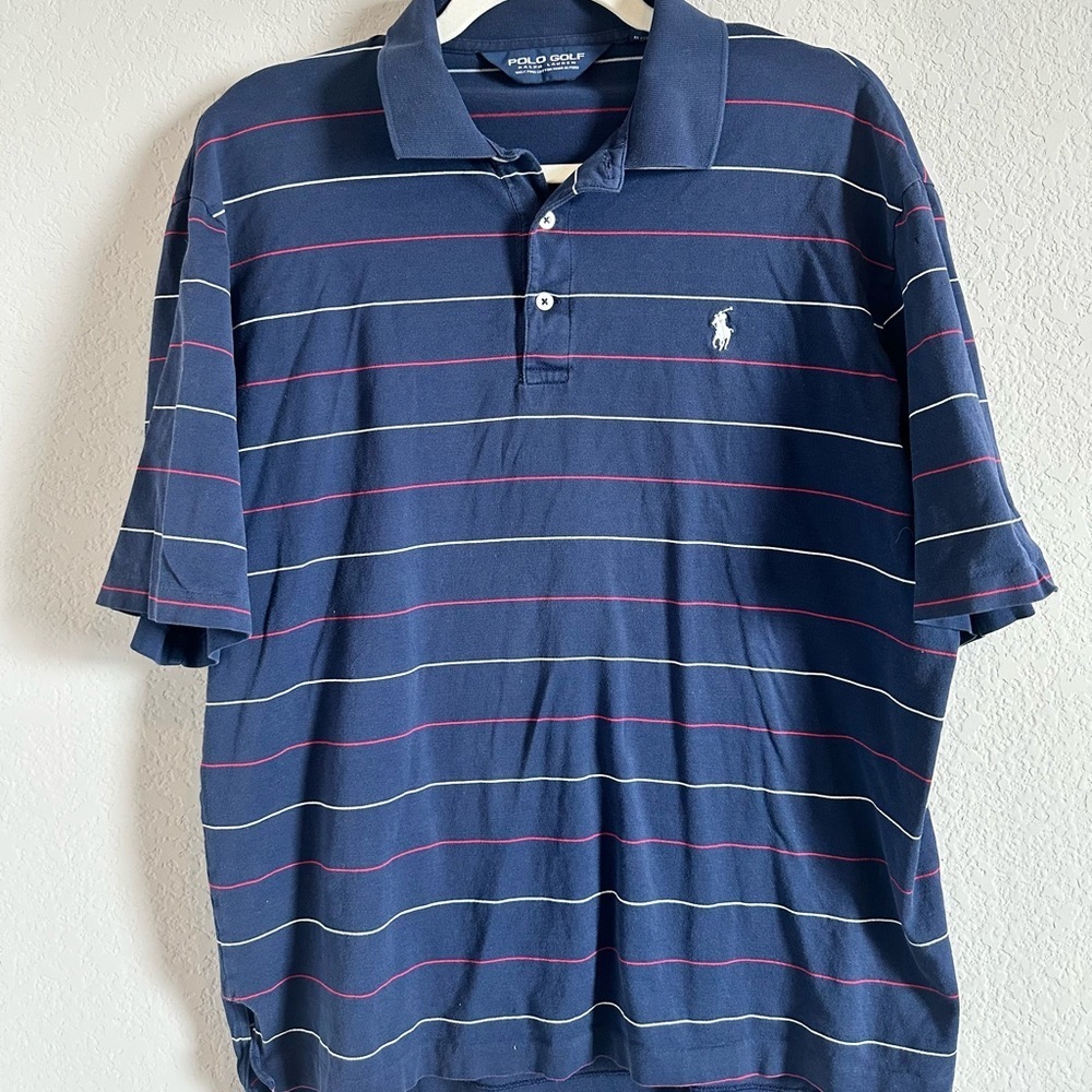 Ralph Lauren Gold Men's Navy Polo with Multicolor Stripes